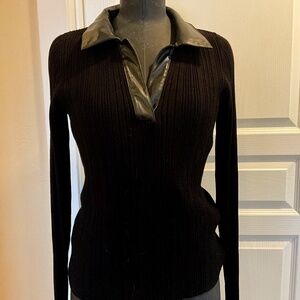 White House Black Market Black Sweater,Faux Leather trimmed collar, Size S